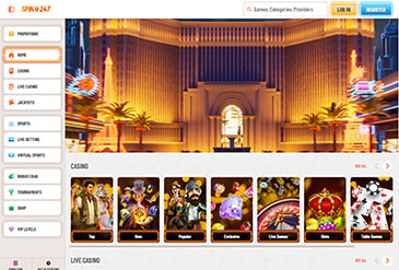 A Spin247 kaszinó főoldala